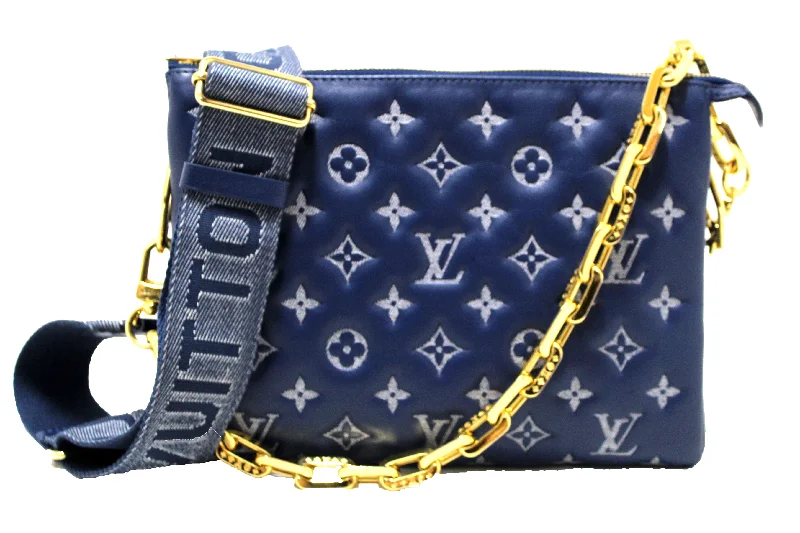 Louis Vuitton handbags with a beaded trim for a touch of glamourAuthentic Louis Vuitton Denim Blue Lambskin Embossed Monogram Coussin PM Bag