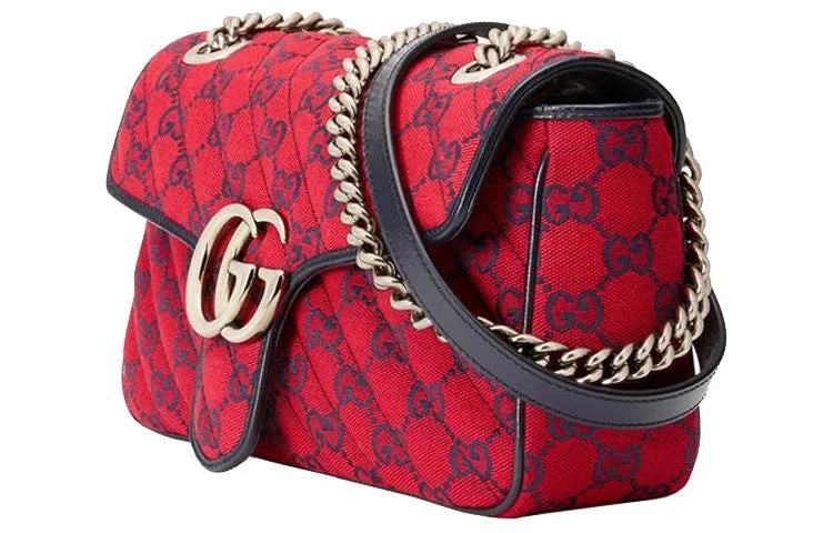 Women Gucci Sylvie bags featuring the signature web stripe(WMNS) GUCCI GG Marmont Silver Label Logo Pattern Colorblock Leather Canvas Chain Shoulder Messenger Bag Small Red / Navy Blue Valentine's Day Limited 443497-2UZCV-6477