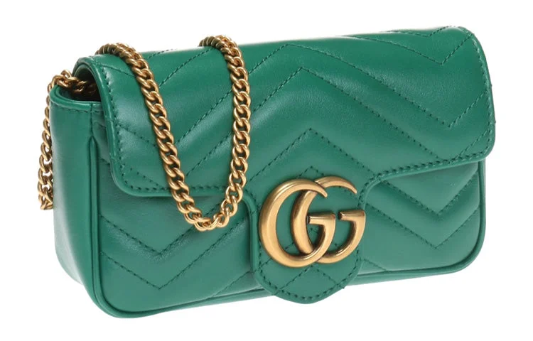 Women Gucci bags with a chain - link trim and a leather body(WMNS) GUCCI Leather GG Marmont Logo Quilting Chain Single-Shoulder Bag Super Mini Green 476433-DSVRT-3120