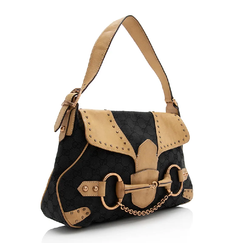 Ladies Gucci shoulder bags with a single - handle designGucci Canvas Leather Studded Horsebit Shoulder Bag (21925)