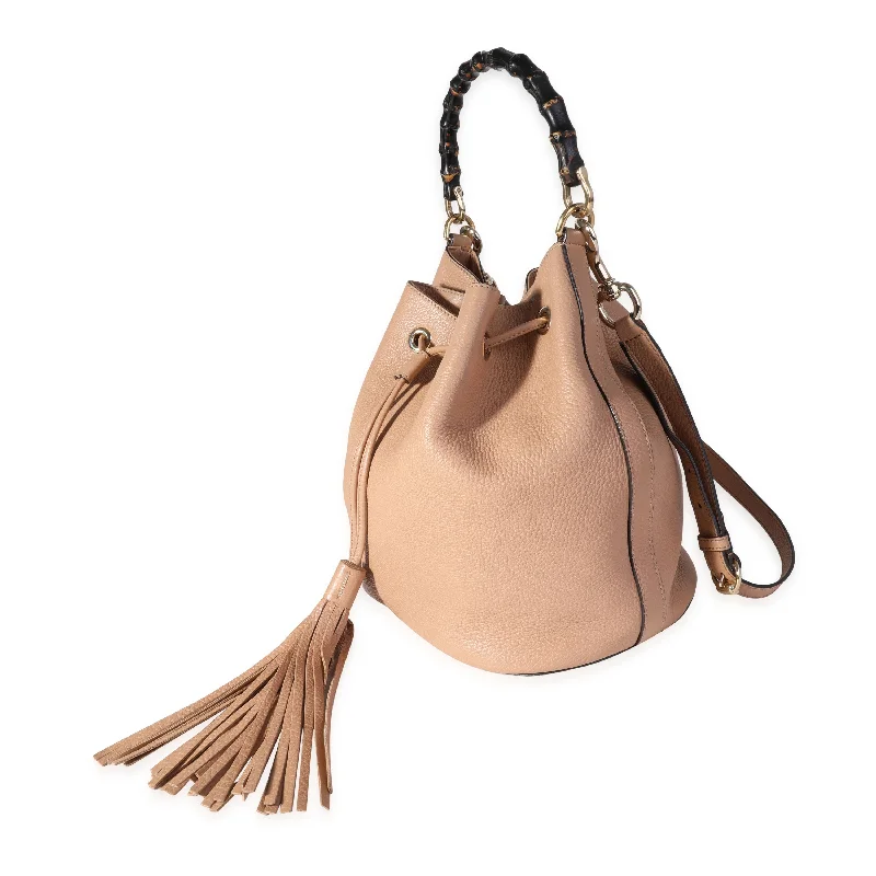 Gucci tote bags for women with a double - handle designGucci Beige Pebbled Leather Miss Bamboo Bucket Bag