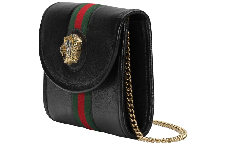 Women Gucci Sylvie bags with a detachable ribbon detail(WMNS) GUCCI Rajah SeriesClutch Chain Single Shoulder Bag mini Black 573797-0OLHX-8389