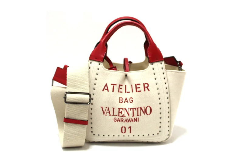 Louis Vuitton bags with a detachable mobile phone holder for convenienceNEW Authentic Valentino Garavani White Atelier Metal Stitch 01 Canvas Mini Tote Bag