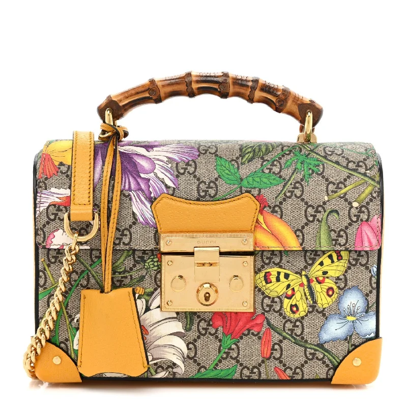 Ladies Gucci shoulder bags with a single - handle designGUCCI GG SUPREME MONOGRAM FLORA BAMBOO PADLOCK BAG