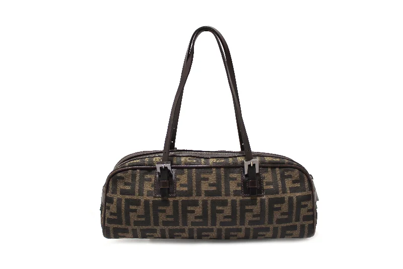 Louis Vuitton crossbody bags with a woven leather strap for textureAuthentic Fendi Brown Bauletto Zucca Tobacco Print Canvas bag