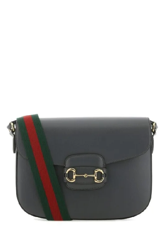 Gucci handbags for women with a metal - framed claspGucci Man Dark Grey Leather 1955 Horsebit Shoulder Bag