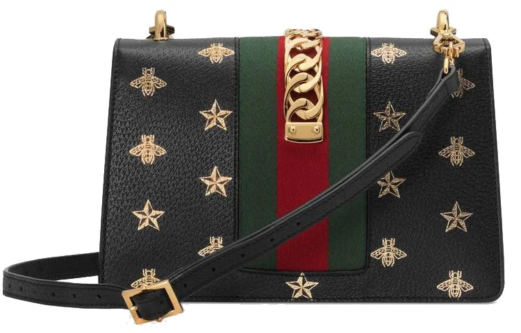 Gucci crossbody bags for women with adjustable leather straps(WMNS) GUCCI Sylvie Gold buckle Bee Pattern Stripe Webbing Bow handbag Small Black Classic 524405-DJ2RG-8571