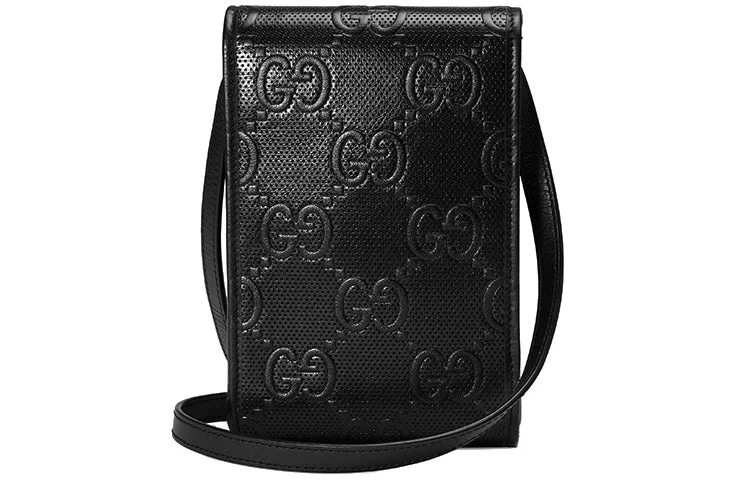 Women Gucci Sylvie bags with a leather - wrapped handle(WMNS) GUCCI Logo Embossing Leather Shoulder Messenger Bag Mini Unisex / Black 625571-1W3AN-1000