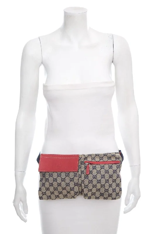 Women Gucci bags with a zippered interior pocketGucci Beige & Blue Monogram Belt Bag