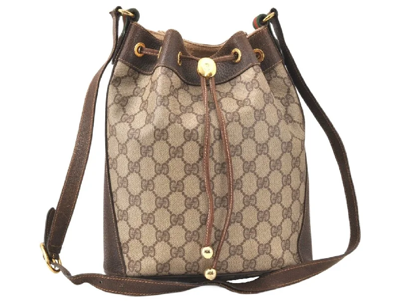 Gucci tote bags for women with a spacious interiorAuthentic GUCCI Web Sherry Line Drawstring Bag GG PVC Leather Brown Junk 5068K