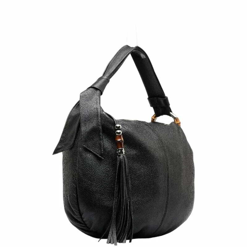 Women Gucci bags with a chain - link trim and a leather bodyGUCCI Bamboo Hobo One Shoulder Bag 232930 Black Leather Women's