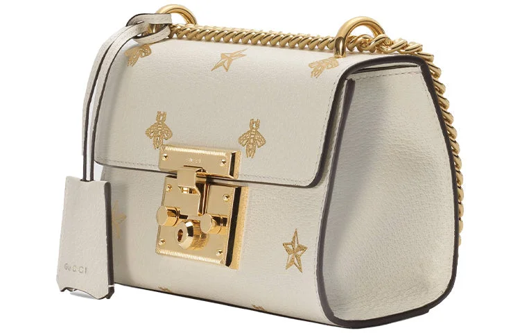 Women Gucci Sylvie bags with a detachable ribbon detail(WMNS) GUCCI Padlock Bee Star Small-Sized Single-Shoulder Bag White 432182-DJ2LG-8711