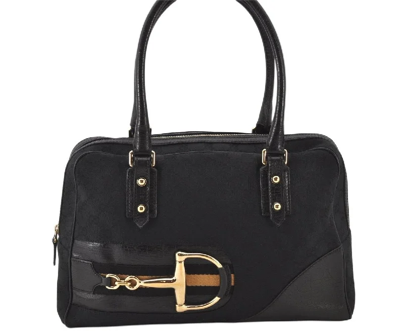 Women Gucci bags with a zip - around closure for securityAuth GUCCI Hasler Horsebit Hand Boston Bag GG Canvas Leather 141503 Black 4796K