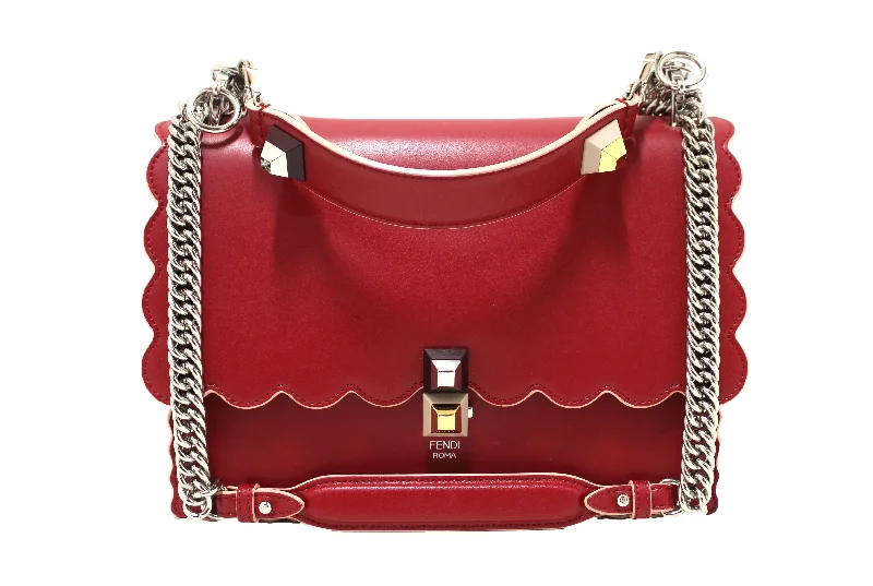 Ladies Louis Vuitton handbags with a detachable coin purse insideAuthentic Fendi Red Scallop Leather Mini I Kan Chain Shoulder Bag