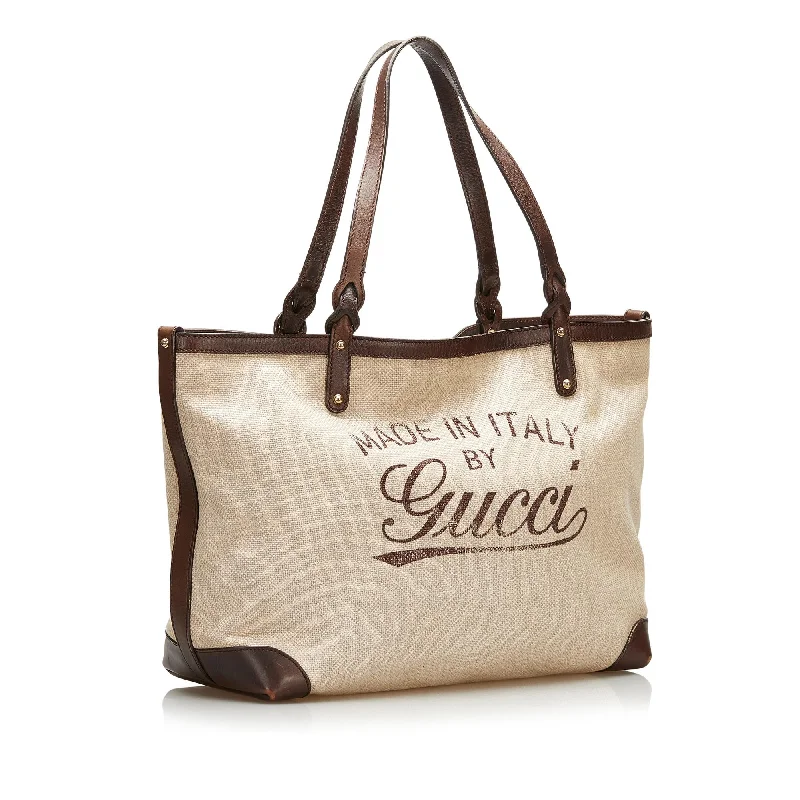 Women Gucci bags with a chain - link trim and a leather bodyGucci Craft Logo Tote Bag (35726)