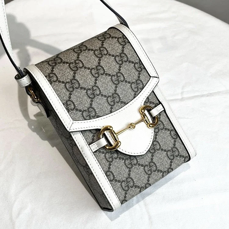 Women Gucci Sylvie bags with a crystal - embellished web stripeGucci Monogram Beige Leather Phone Case Bag White Trim