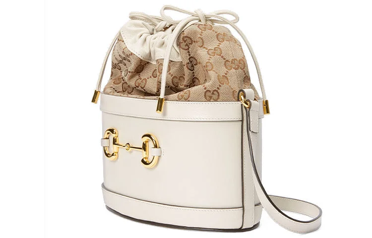 Women Gucci bags with a zippered interior pocket(WMNS) GUCCI Horsebit 1955 Retro Gold buckle Logo Canvas Drawstring Shoulder Messenger Bag White 602118-1DBUG-9095