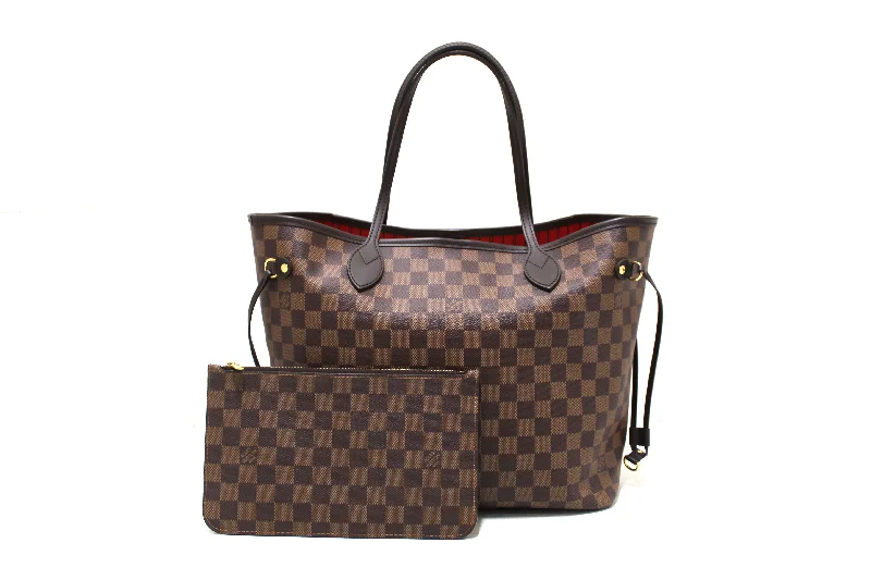 Louis Vuitton bags with a magnetic snap closure for easy accessAuthentic Louis Vuitton Damier Ebene Canvas Neverfull MM with Red Interior Tote Shoulder Bag