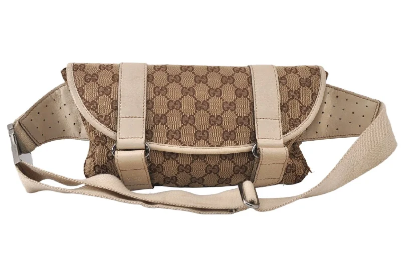 Ladies Gucci shoulder bags with a wide - width strapAuthentic GUCCI Vintage Waist Body Bag Purse Canvas Leather 145851 Brown 4969K