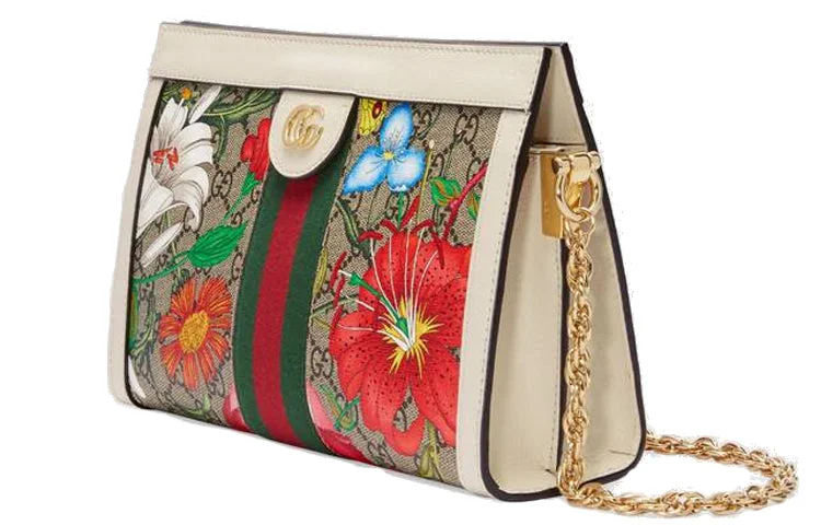 Women Gucci Sylvie bags with a monogram - embossed leather(WMNS) GUCCI Ophidia Flowers Printing Logo Stripe Webbing Canvas Chain Shoulder Messenger Bag Small / White / Multi-Color 503877-HV8AC-9759