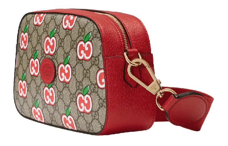 Women Gucci bags with a zip - around closure for security(WMNS) GUCCI Logo Apple Pattern Leather Logo Canvas Camera Bag Shoulder Messenger Bag Small Ebony / Red Valentine's Day Limited 574886-2EVDG-8646