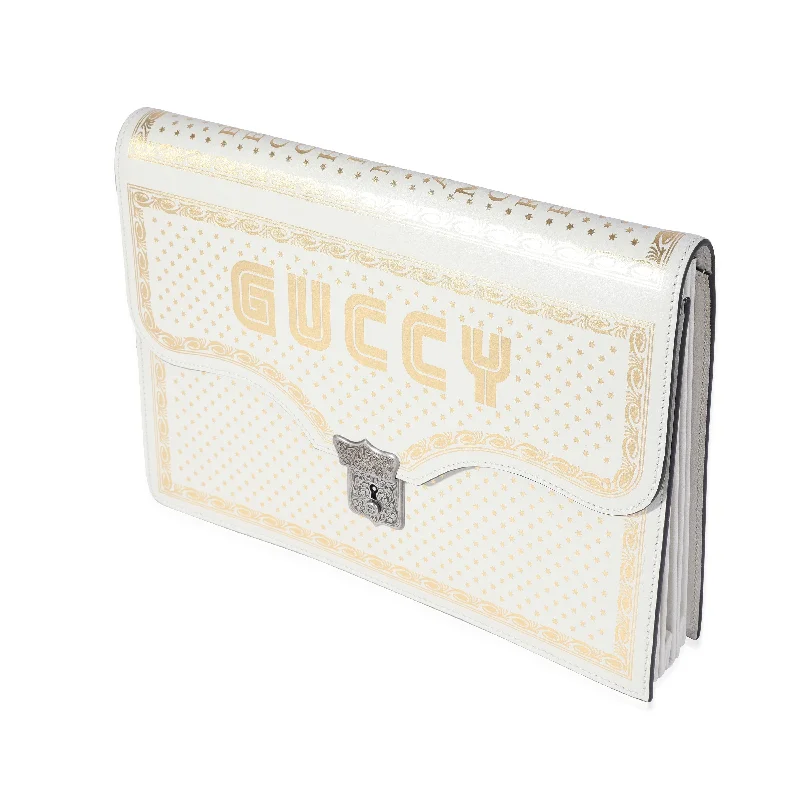 Gucci tote bags for women with a printed Gucci logoGucci x Sega Mystic White Star Printed Calfskin GUCCY Portfolio Clutch