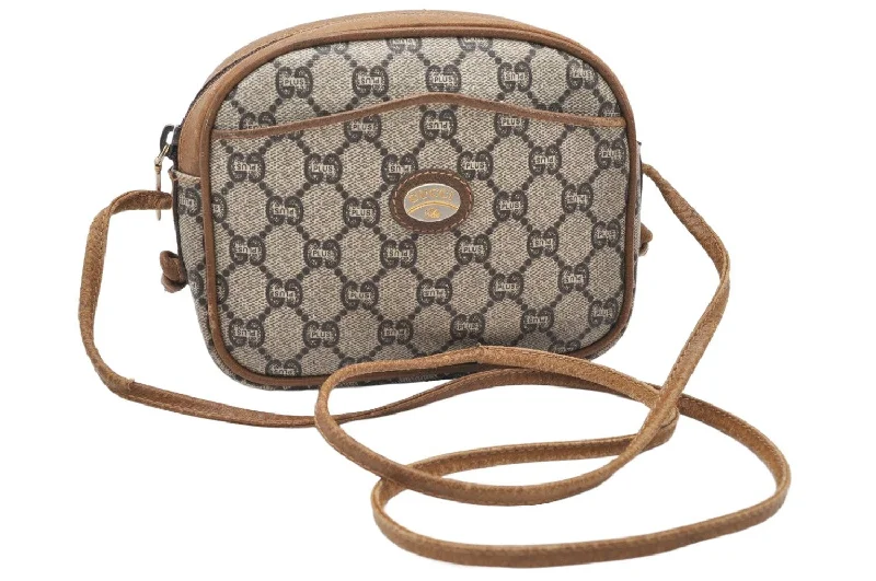 Women Gucci Sylvie bags with a monogram - embossed leatherAuthentic GUCCI GG Plus Shoulder Cross Body Bag GG PVC Leather Brown Junk 4898K