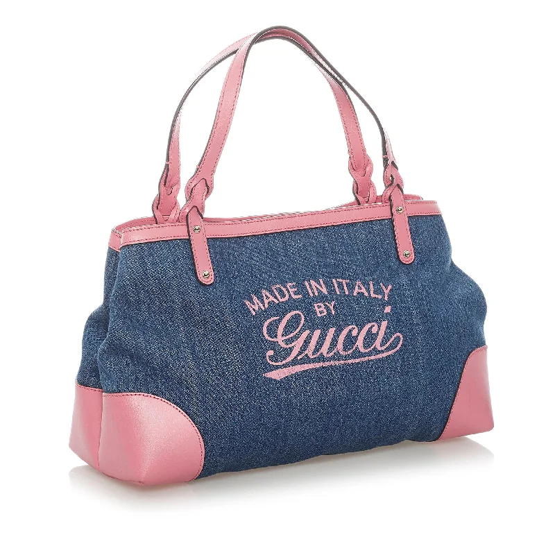 Women Gucci bags with a chain - link trim and a leather bodyGucci Craft Denim Handbag (33034)