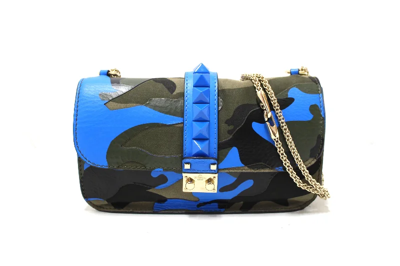 Ladies Louis Vuitton Capucines bags with gold - toned hardwareAuthentic Valentino Garavani Blue Nappa Canvas Camouflage Medium Glam Lock Rockstud Flap