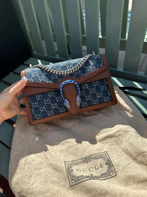 Women Gucci bags with a snap - button closure and a decorative charmPreorder Gucci denim small Dionysus handbag