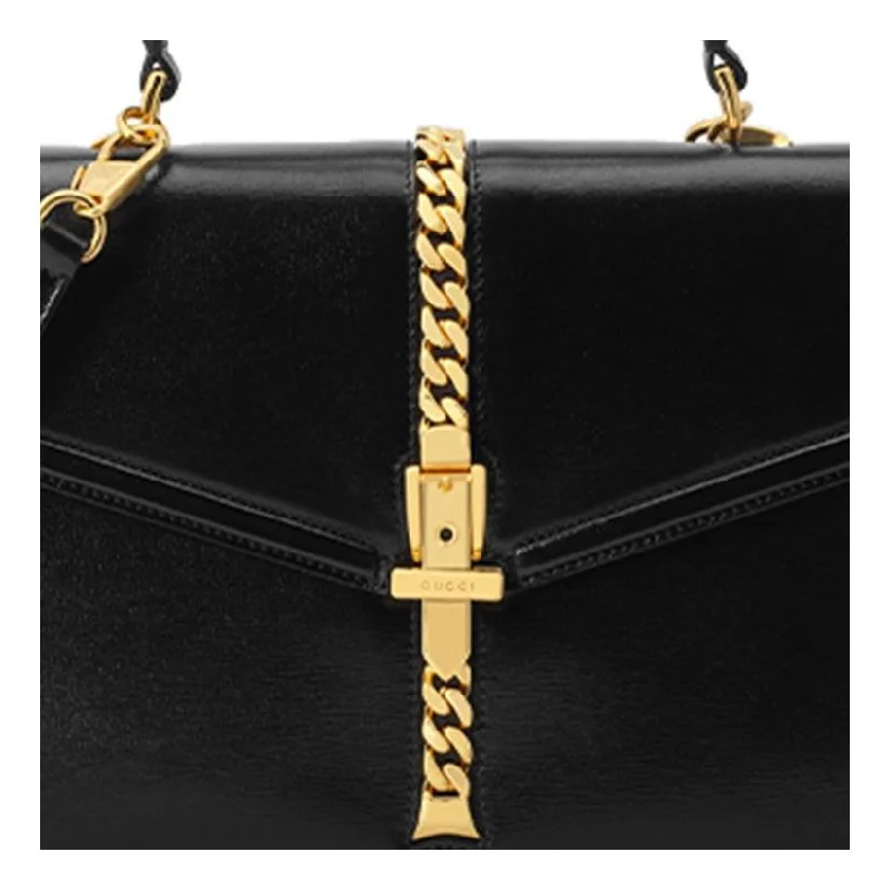 Women Gucci bags with a chain - link trim and a leather body(WMNS) GUCCI Sylvie 1969 Series hand Bag Small Black 602781-1DB0G-1000