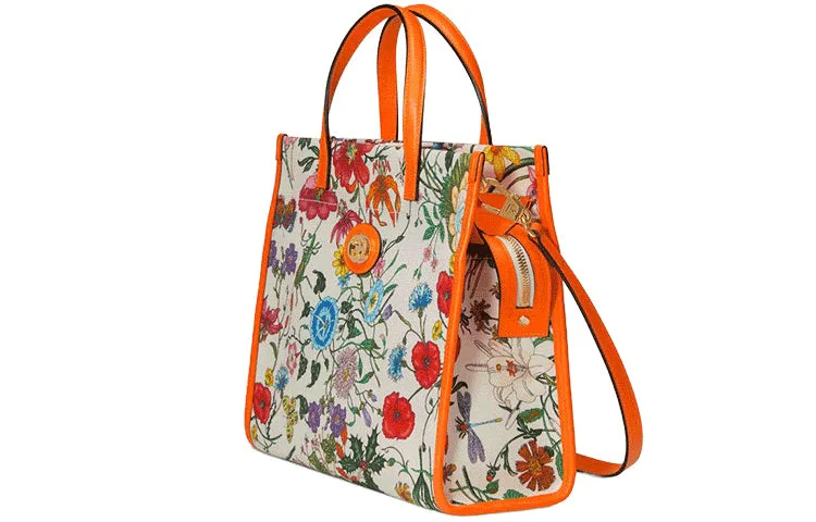 Ladies Gucci shoulder bags with a tassel decoration(WMNS) GUCCI Metallic Interlock Double G Flowers Printing Canvas handbag White / Orange / Multicolor 550141-9ZIBX-8868