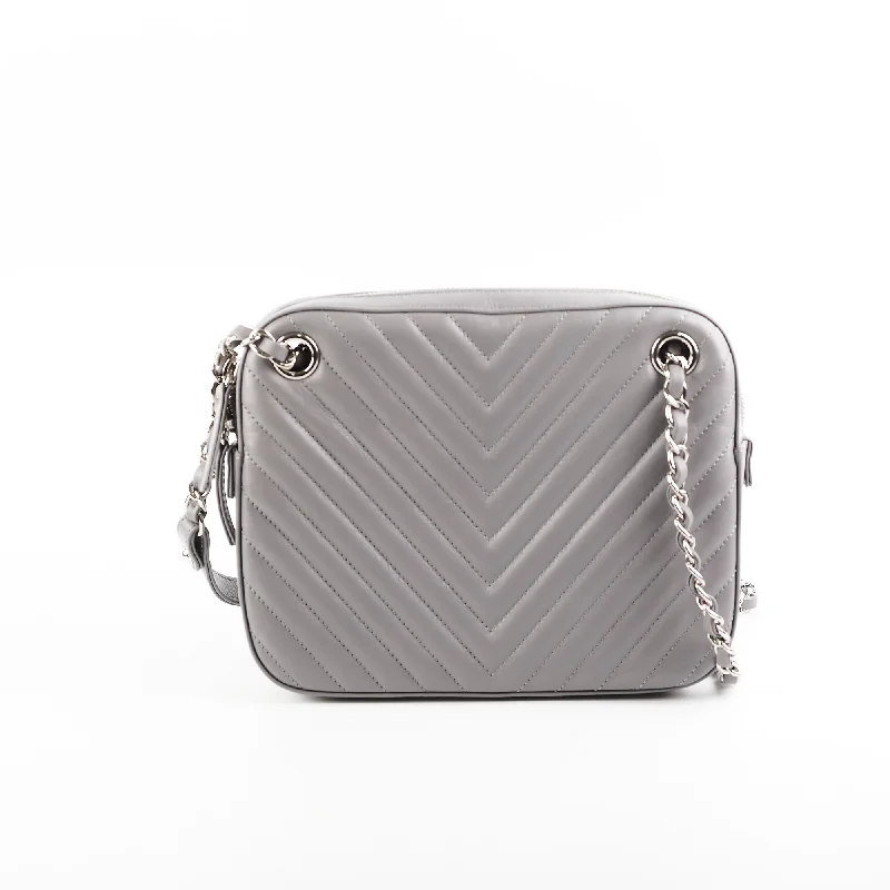 Chanel bags with chain and leather strap combinationsChanel Quilted Navy/Chevron Grey Lambskin Shoulder Bag