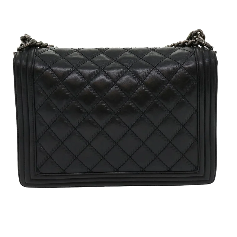 Chanel bags for women with minimalist styleCHANEL Big Matelasse Boy  Chain Shoulder Bag Lamb Skin Black Auth 30943A