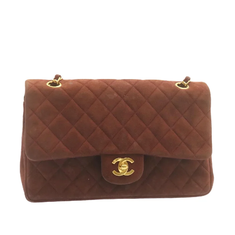 Chanel bags with iconic gold chainsCHANEL Matelasse 25 Double Flap Chain Suede Shoulder Bag Brown CC Auth 22346A