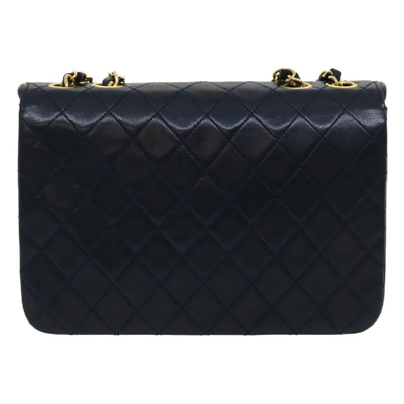 Chanel Designer Handbag with Unique DesignCHANEL Matelasse Chain Flap Shoulder Bag Lamb Skin Navy Gold CC Auth am2602gA