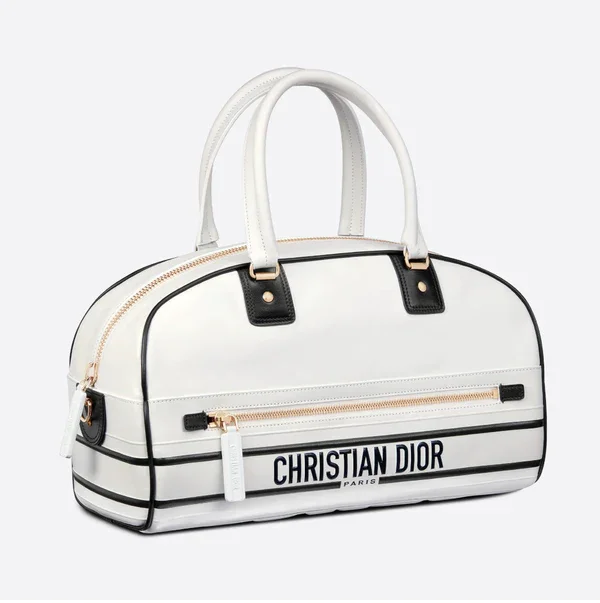 Christian Dior bags with a side - pocket for holding a water bottleCHRISTIAN DIOR White Quilted Leather Medium Vibe Bowling Bag