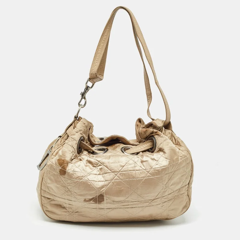 Christian Dior bags with a detachable coin purse insideDIOR Beige Cannage Nylon and Leather Drawstring Bag