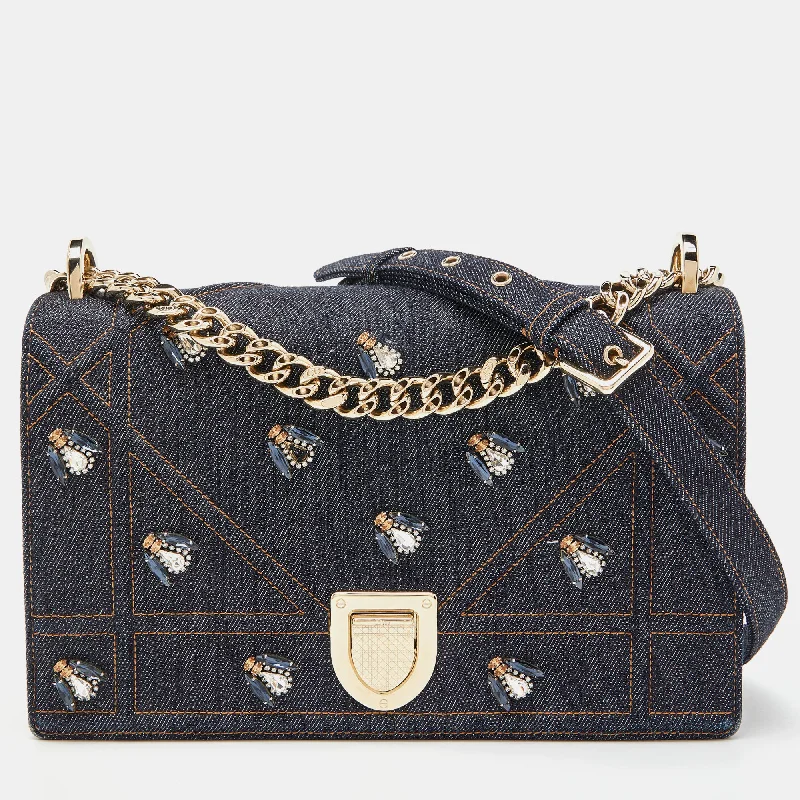 Christian Dior handbags with a detachable mirror for on - the - go touch - upsDIOR Blue Denim Medium Crystal Embellished ama Shoulder Bag