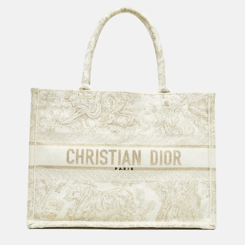 Christian Dior handbags with a back - pocket for quick storageDIOR Gold/White Toile De Jouy Embroidered Canvas Medium Book Tote