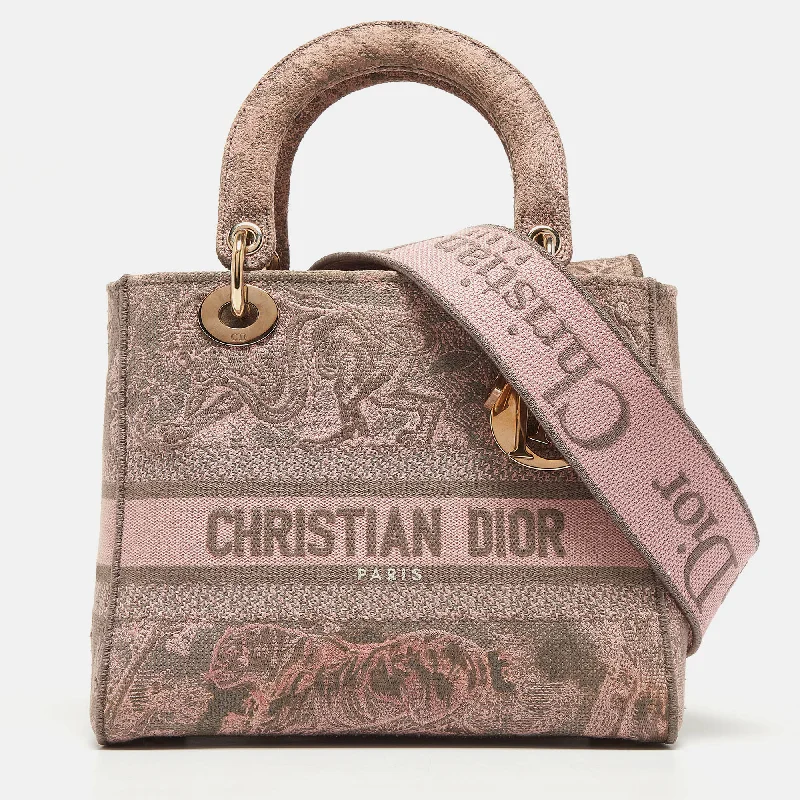 Contemporary Christian Dior handbags with a unique shapeDIOR Pink/Grey Embroidered Canvas Medium Lady D-Lite Tote