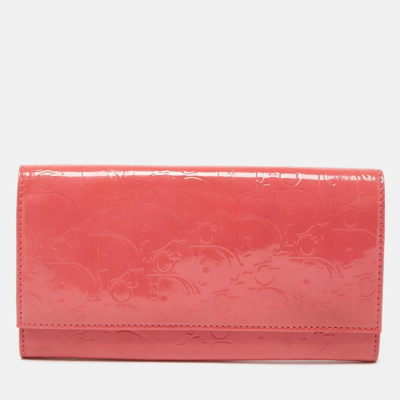 Christian Dior bags with a zip - top closure and multiple compartmentsDIOR Pink Oblique Embossed Patent Leather Continental Wallet