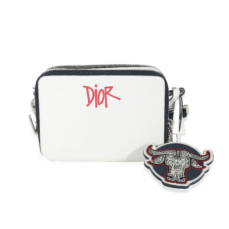 Christian Dior bags with a side - pocket for holding a water bottleDIOR x Shawn Stussy White Grained Calfskin Double Zip Crossbody Pouch