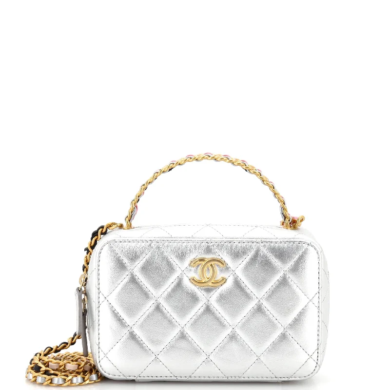 Christian Dior handbags with a back - pocket for quick storageCC Woven Rainbow Chain Handle Zip Around Vanity Case Quilted Lambskin Mini