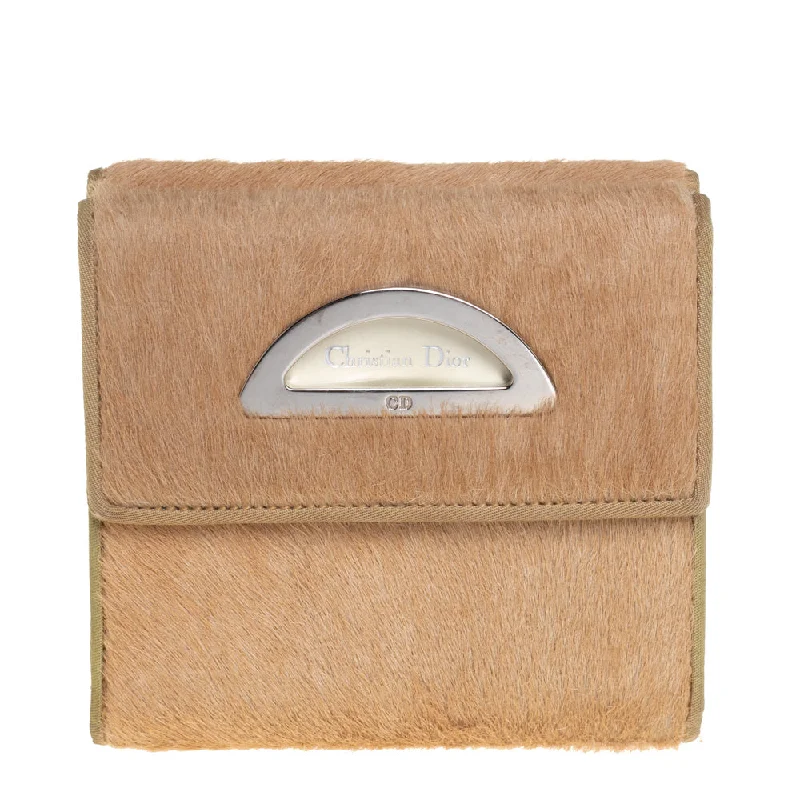 Contemporary Christian Dior handbags with a unique shapeChristian Dior Beige/Cream Calf Hair and Patent Leather Trifold Wallet