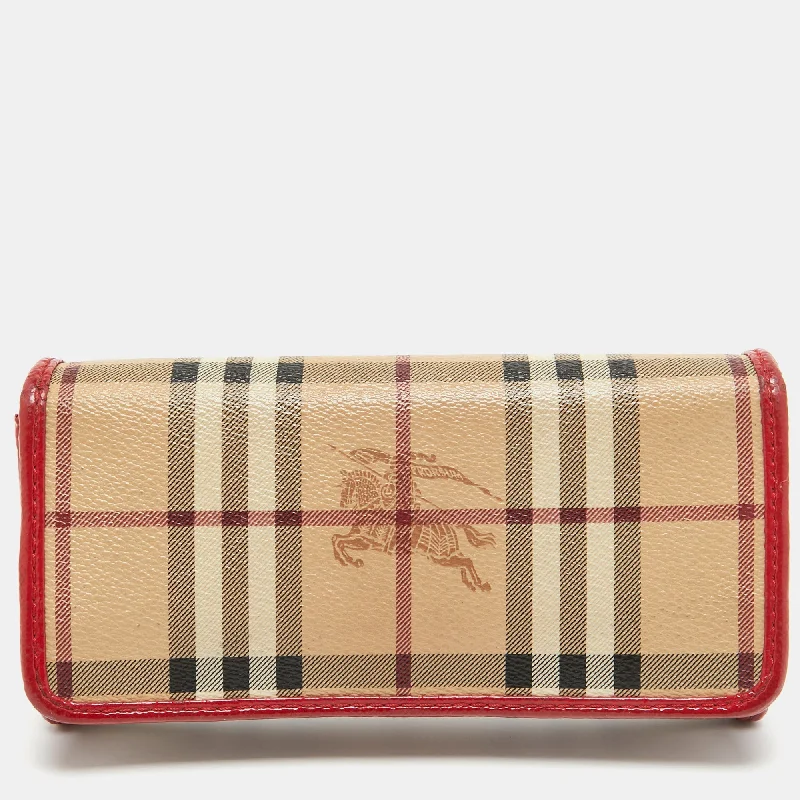 BURBERRY Red/Beige House Check Coated Canvas and Patent Leather Flap Continental Wallet